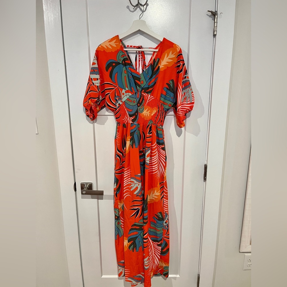 Tropical Print Colorful Orange/Coral Wide Leg Jumpsuit